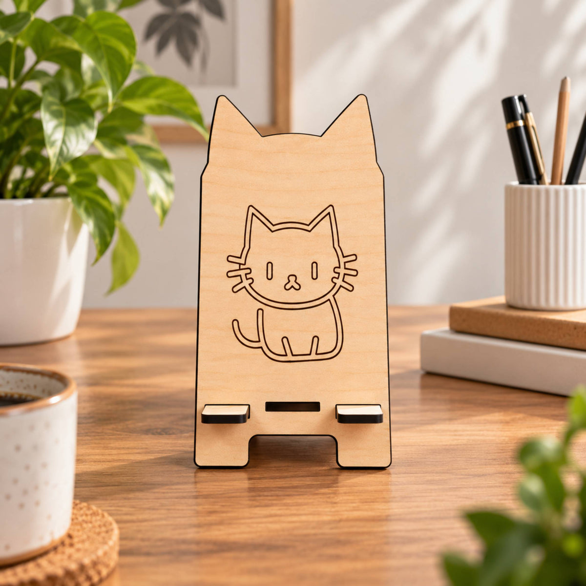 Kedi Figürlü Ahşap Telefon Tutacağı