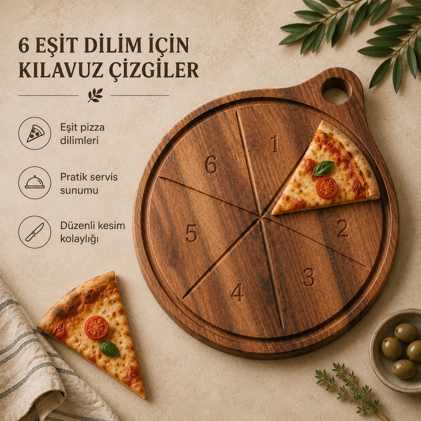 6 Dilim Ceviz Pizza Sunum Tahtası