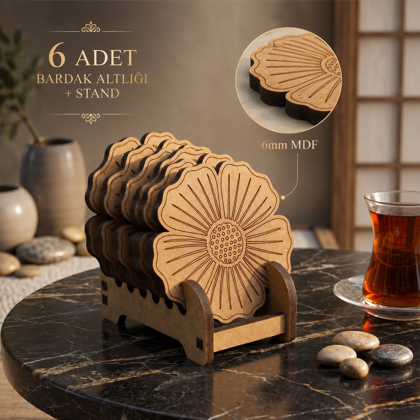 Dekoratif Çiçek Motifli 6'lı Ahşap Bardak Altlığı ve Stand Seti