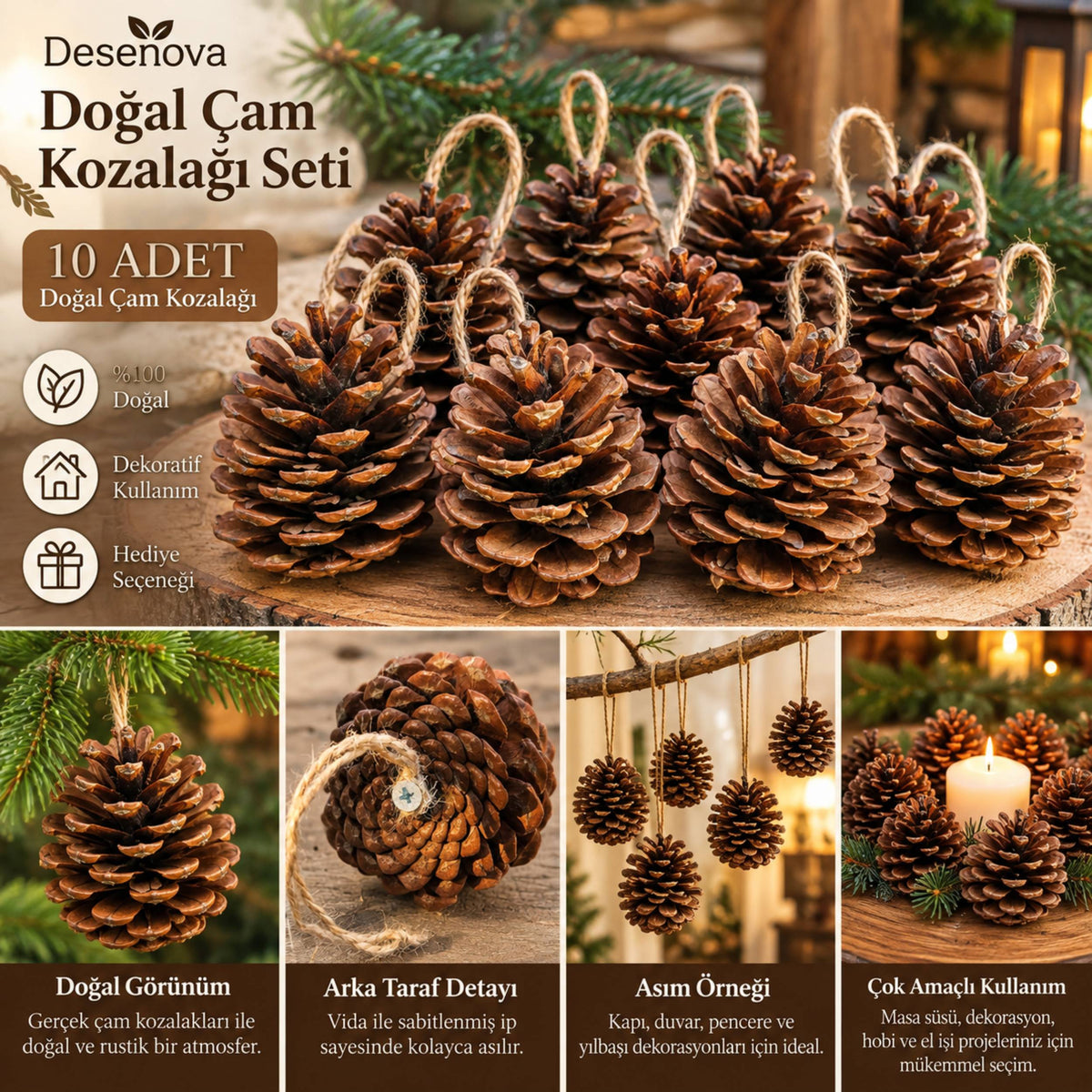 10’lu Doğal Çam Kozalağı Seti – Jüt İpli Dekoratif Kozalak Süsü