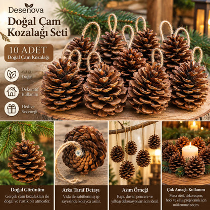 10’lu Doğal Çam Kozalağı Seti – Jüt İpli Dekoratif Kozalak Süsü