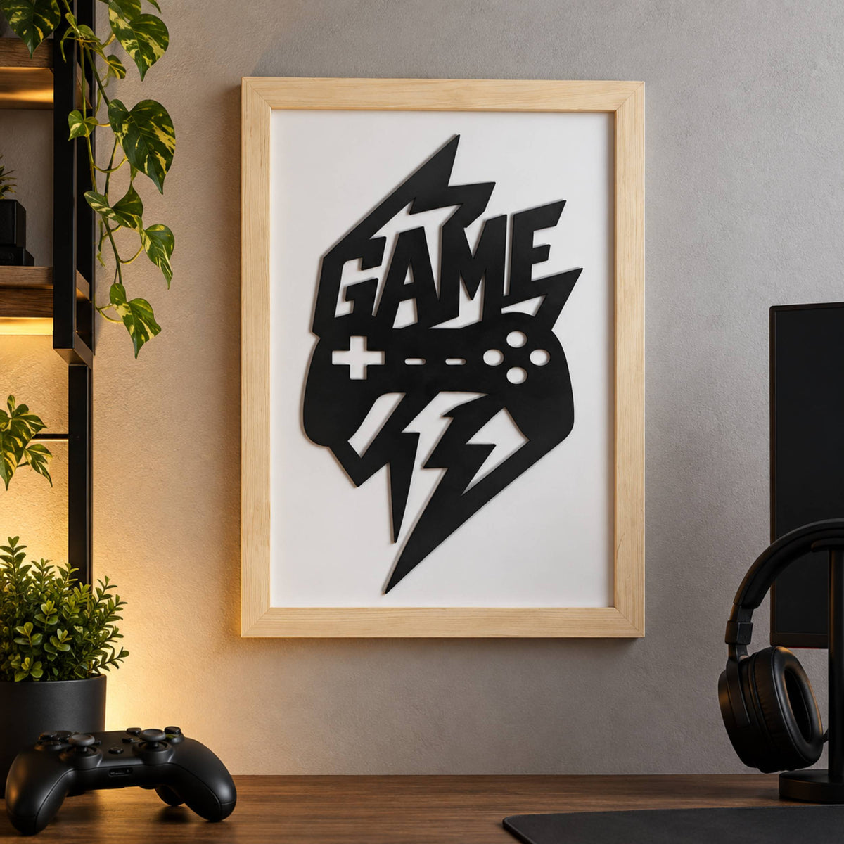 Game Motifli Dekoratif Ahşap Çerçeveli Duvar Dekoru