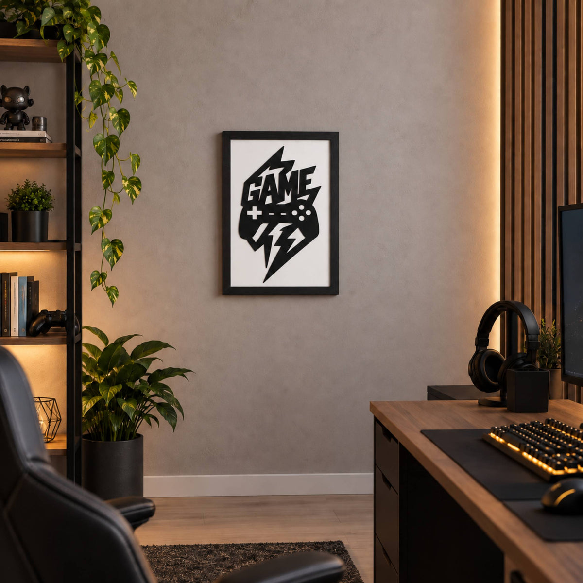 Game Motifli Dekoratif Ahşap Çerçeveli Duvar Dekoru