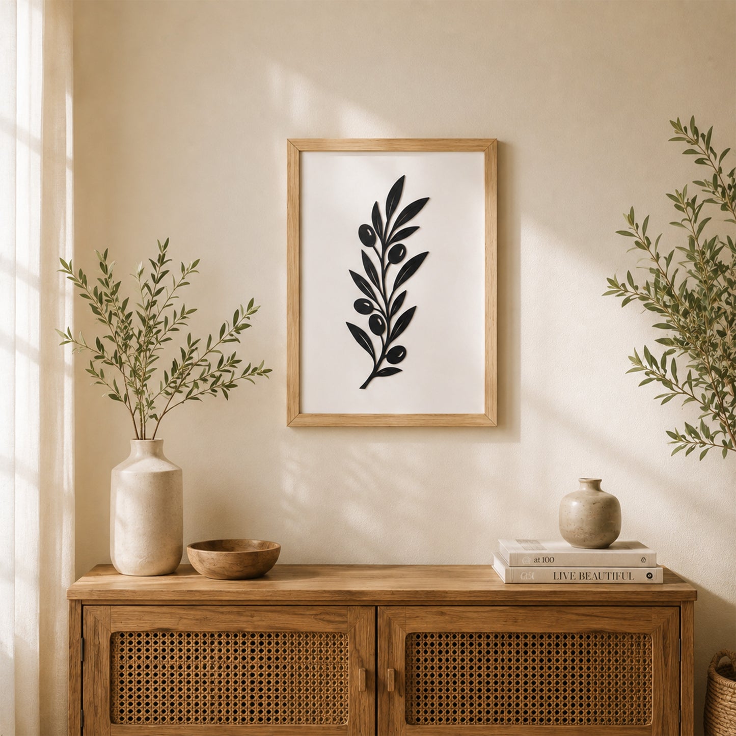 Zeytin Dalı Motifli Siyah MDF Çerçeveli Duvar Dekoru