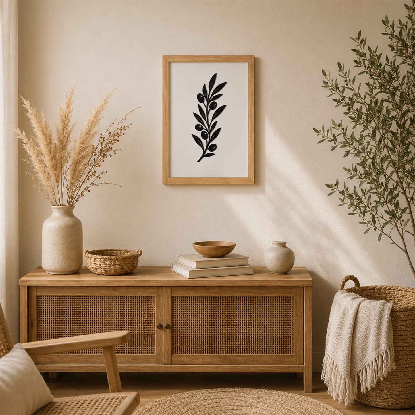 Zeytin Dalı Motifli Siyah MDF Çerçeveli Duvar Dekoru