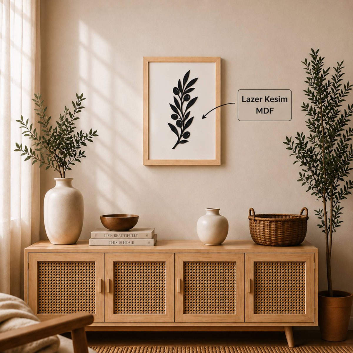 Zeytin Dalı Motifli Siyah MDF Çerçeveli Duvar Dekoru