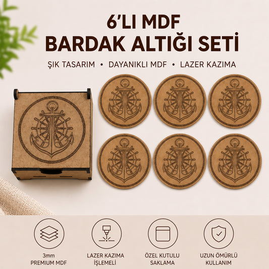 6'lı Çapa Desenli MDF Bardak Altlığı Seti ve Saklama Kutusu