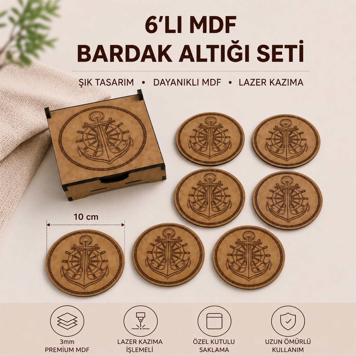 6'lı Çapa Desenli MDF Bardak Altlığı Seti ve Saklama Kutusu