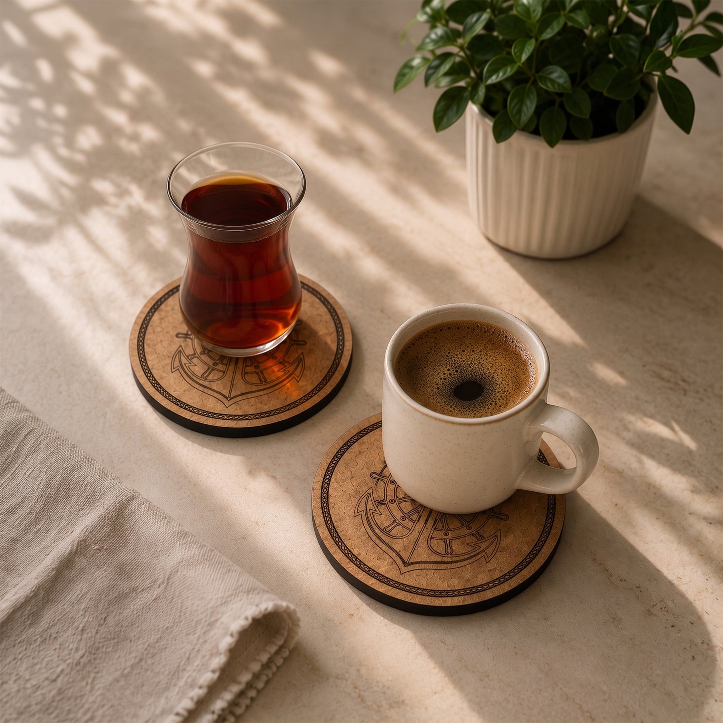 6'lı Çapa Desenli MDF Bardak Altlığı Seti ve Saklama Kutusu