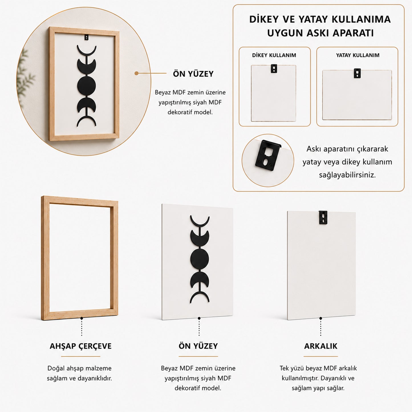 Minimalist Ay Evreleri Lazer Kesim Motifli Ahşap Çerçeve