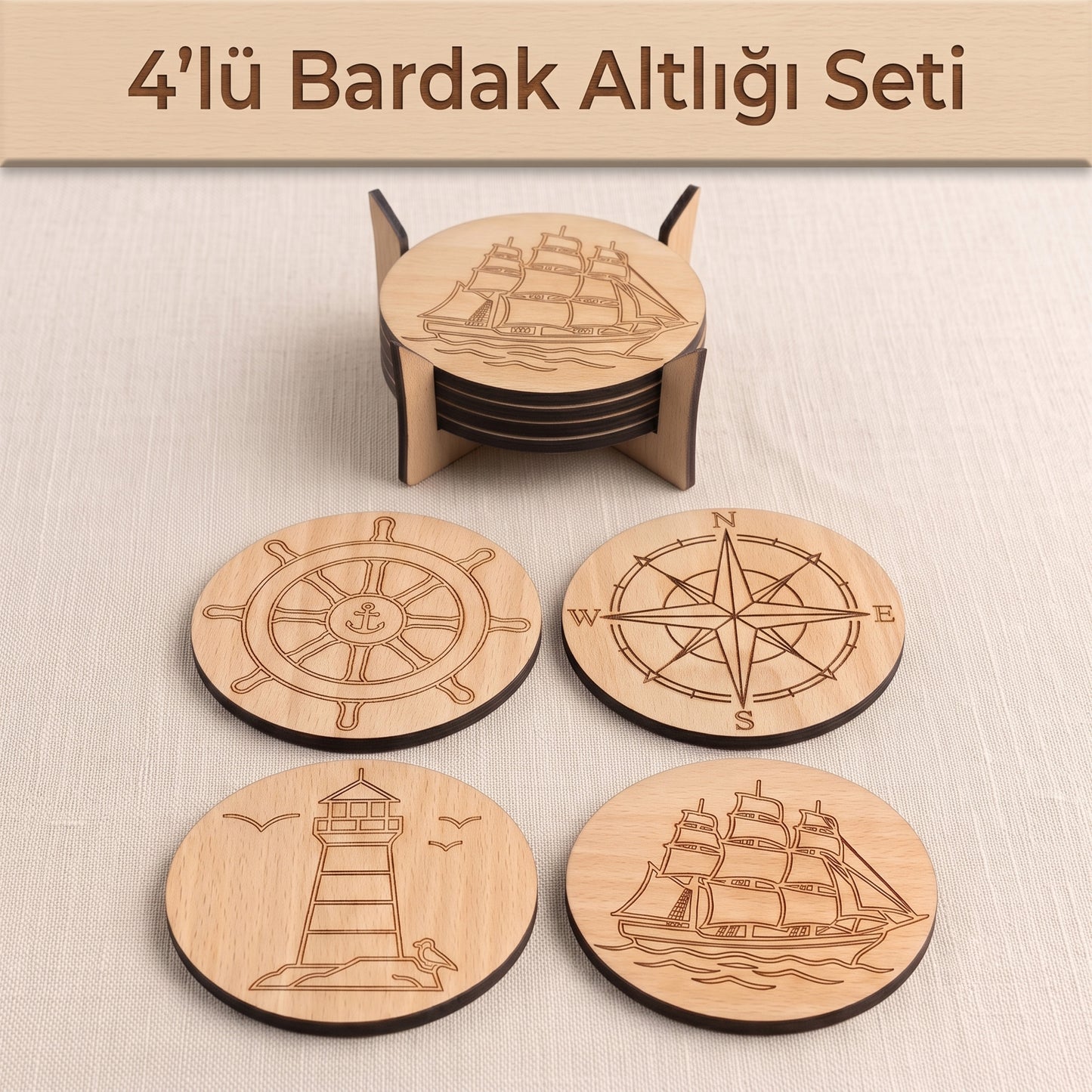 4'lü Deniz Temalı Ahşap Bardak Altlığı Seti ve Standı