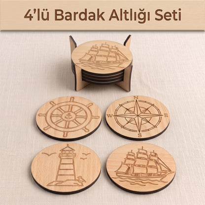 4'lü Deniz Temalı Ahşap Bardak Altlığı Seti ve Standı