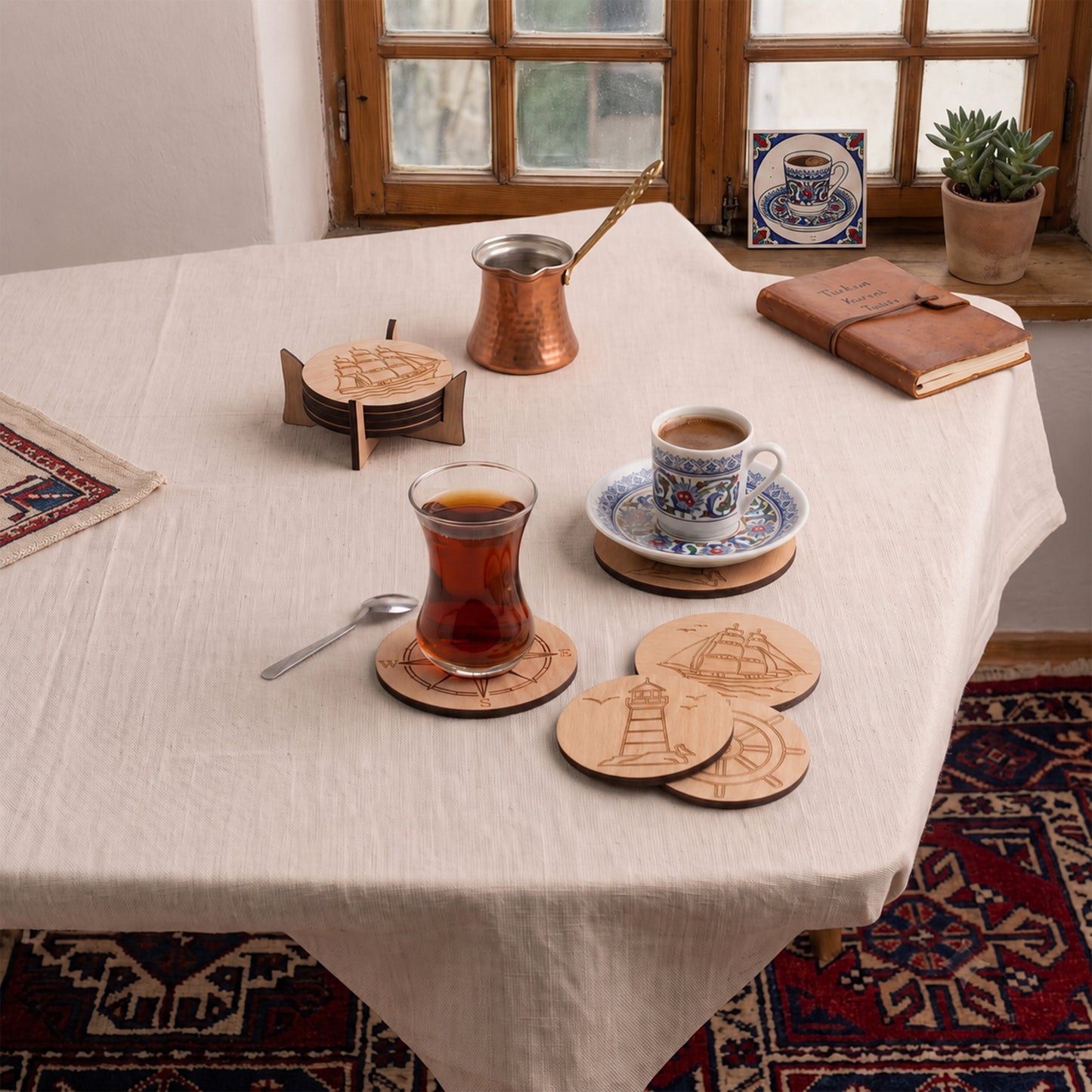 4'lü Deniz Temalı Ahşap Bardak Altlığı Seti ve Standı