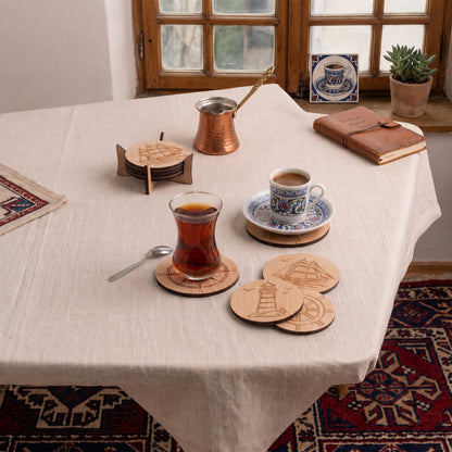 4'lü Deniz Temalı Ahşap Bardak Altlığı Seti ve Standı