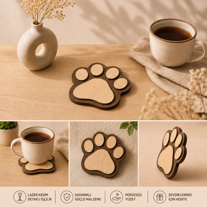 4'lü Kedi Patisi Ahşap Bardak Altlığı Seti