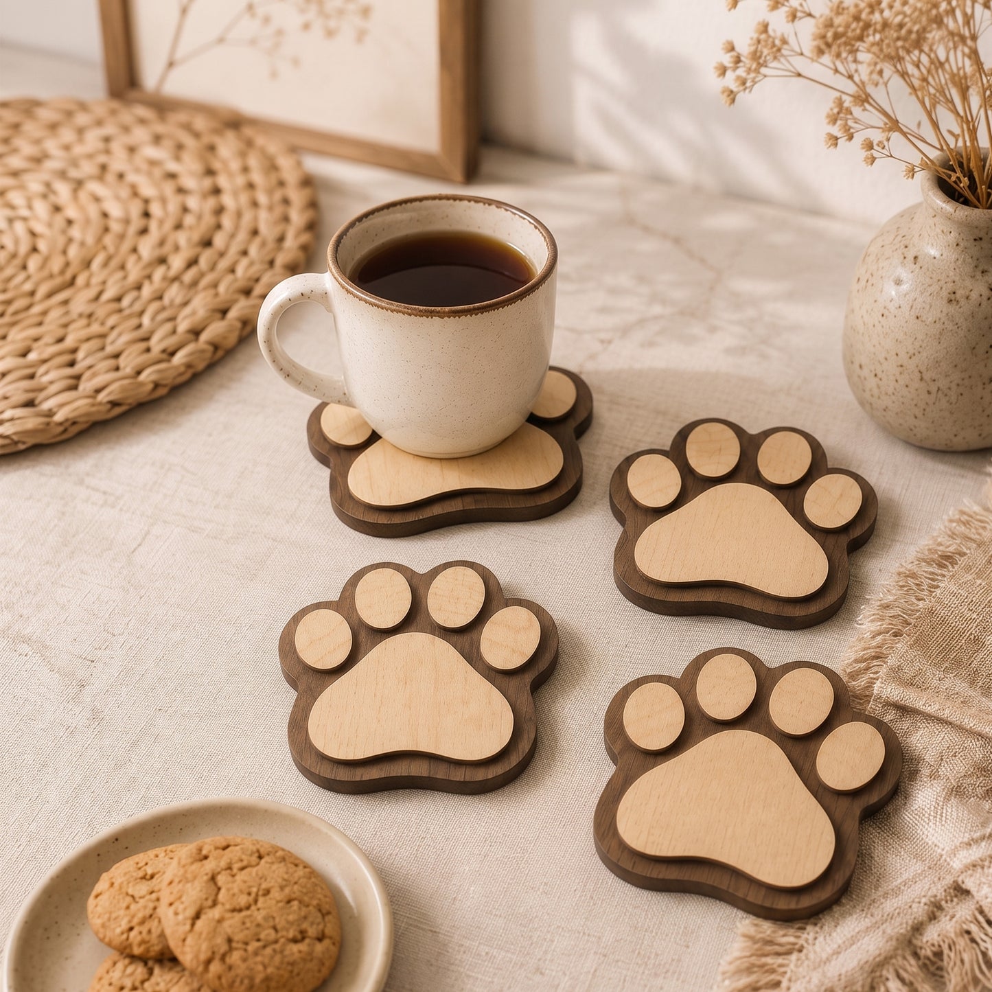 4'lü Kedi Patisi Ahşap Bardak Altlığı Seti