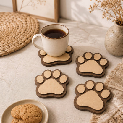 4'lü Kedi Patisi Ahşap Bardak Altlığı Seti