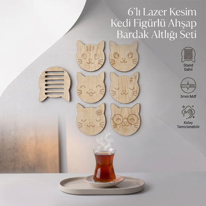 6'lı Kedi Figürlü Ahşap Bardak Altlığı Seti ve Standı