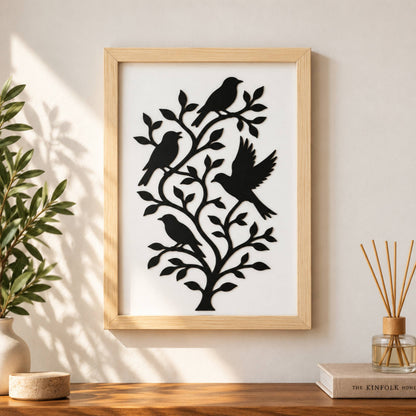 Kuş Motifli Dekoratif Ahşap Çerçeveli Duvar Dekoru