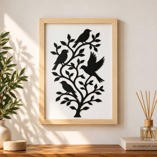 Kuş Motifli Dekoratif Ahşap Çerçeveli Duvar Dekoru