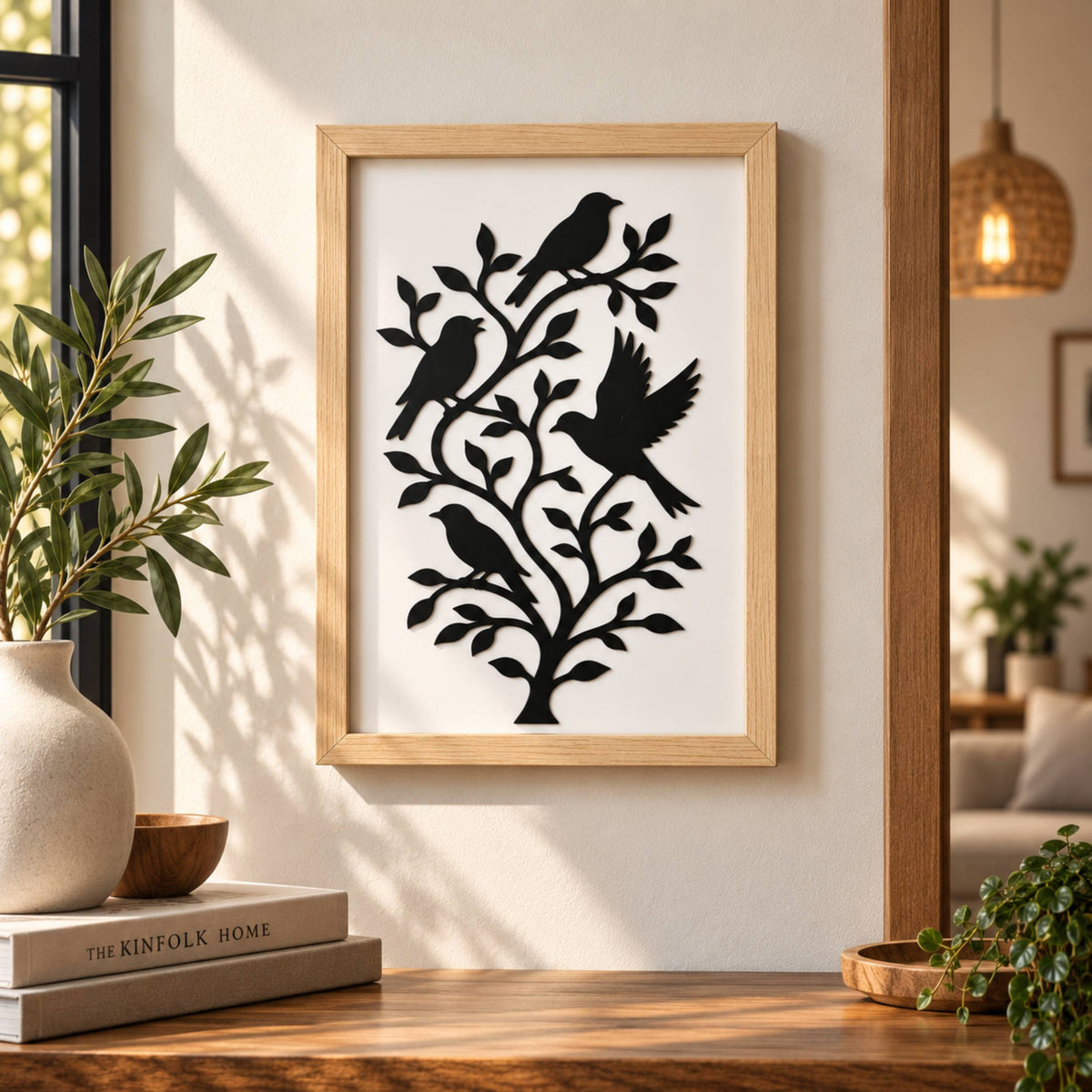 Kuş Motifli Dekoratif Ahşap Çerçeveli Duvar Dekoru
