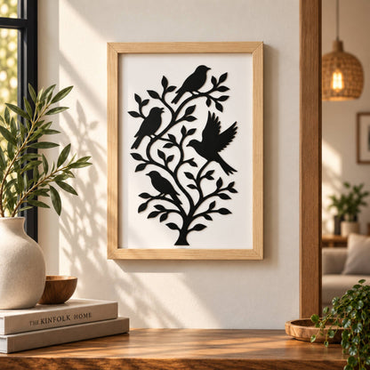 Kuş Motifli Dekoratif Ahşap Çerçeveli Duvar Dekoru