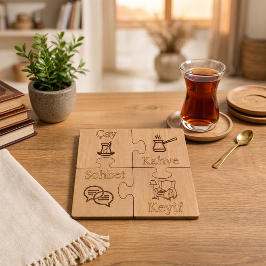 4'lü Puzzle Ahşap Bardak Altlığı Seti
