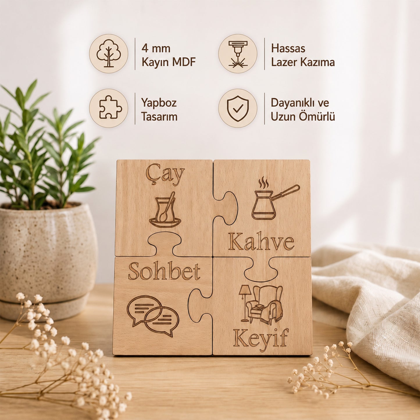 4'lü Puzzle Ahşap Bardak Altlığı Seti