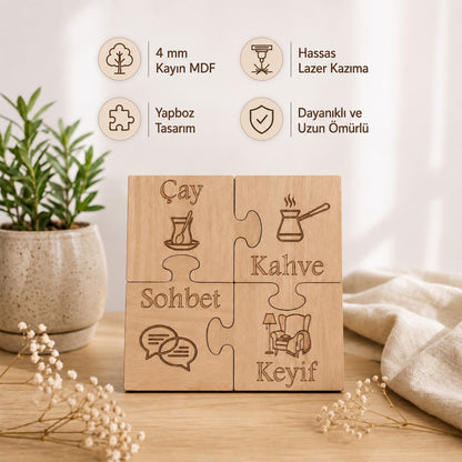 4'lü Puzzle Ahşap Bardak Altlığı Seti