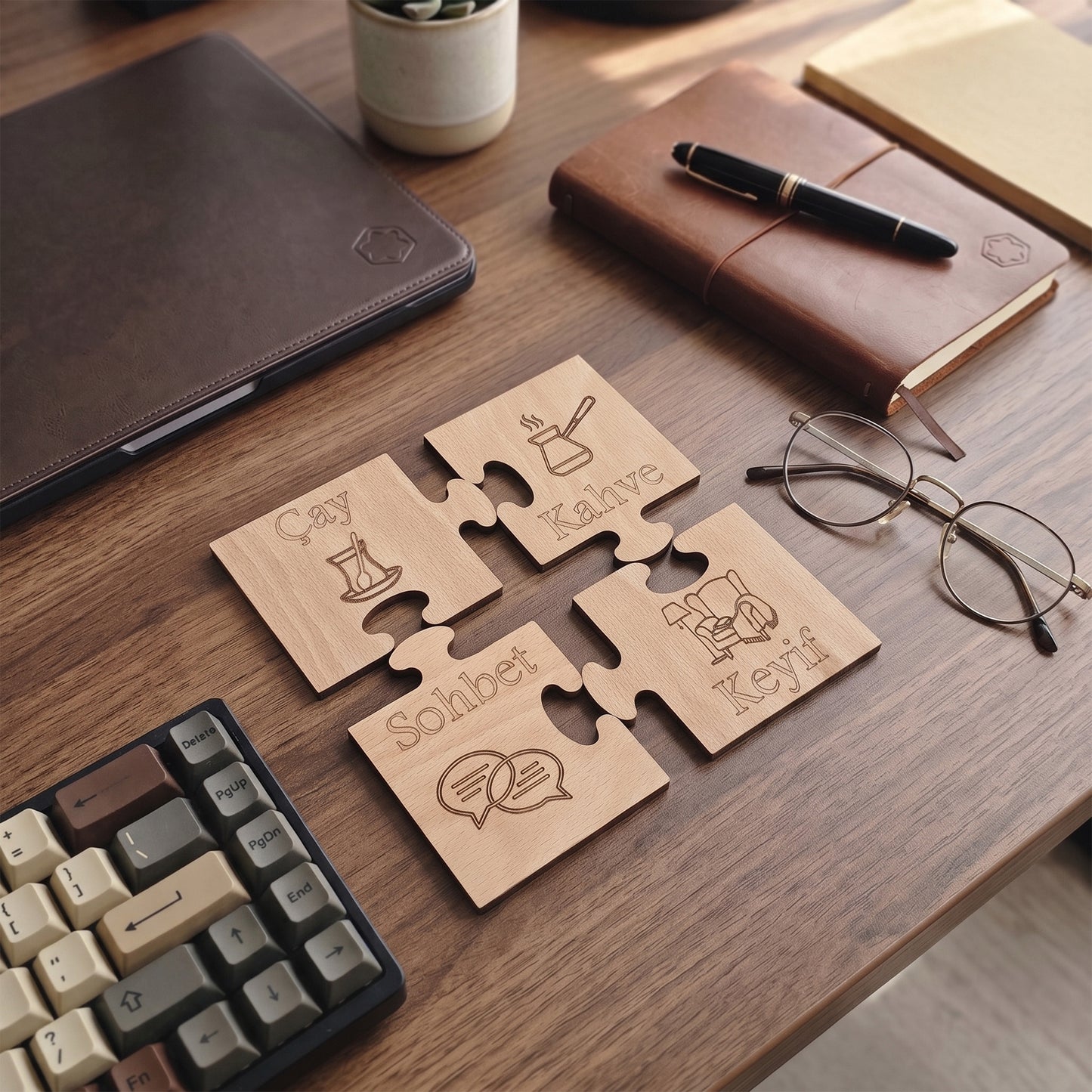 4'lü Puzzle Ahşap Bardak Altlığı Seti