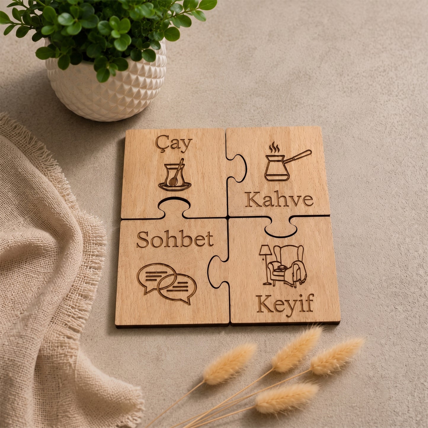 4'lü Puzzle Ahşap Bardak Altlığı Seti