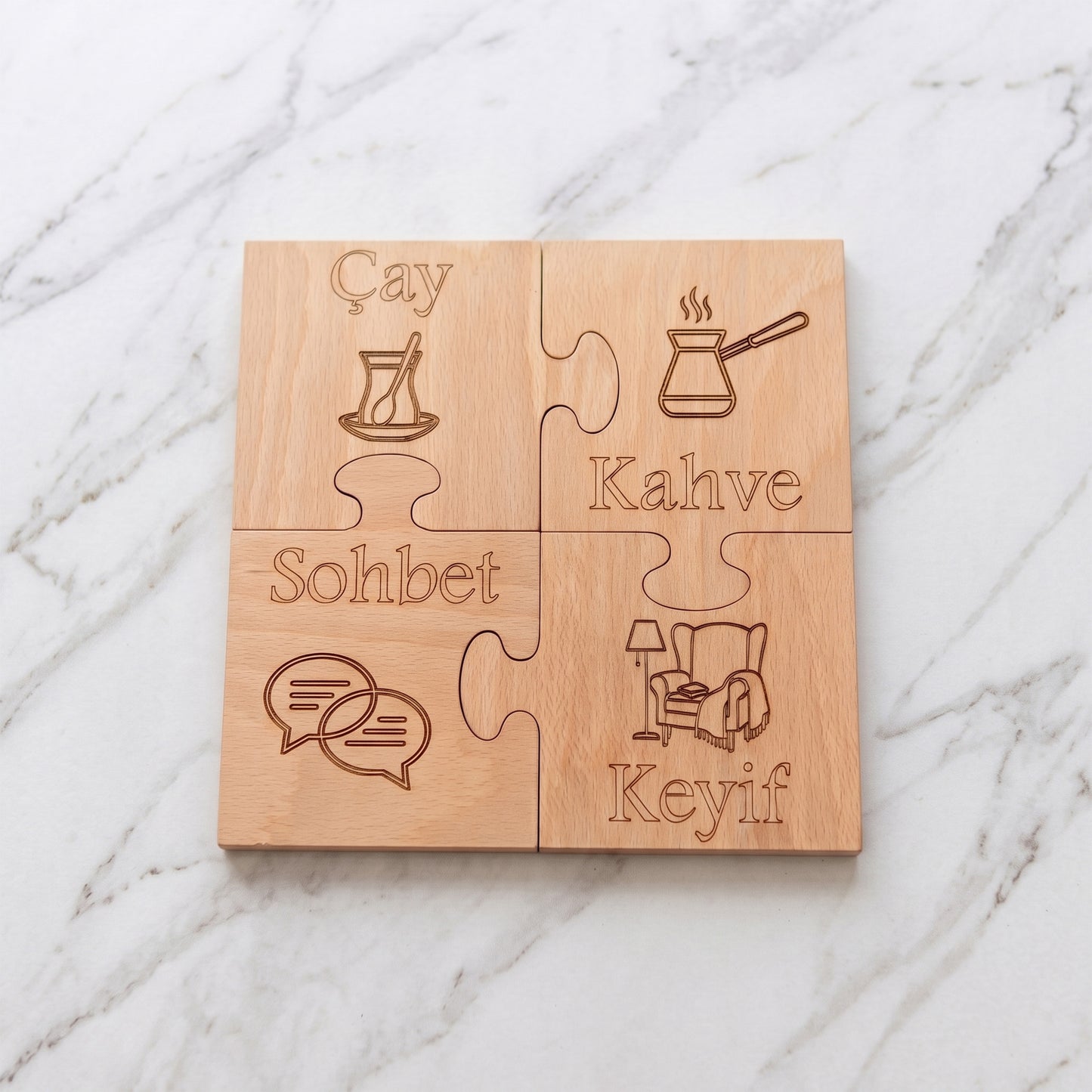 4'lü Puzzle Ahşap Bardak Altlığı Seti