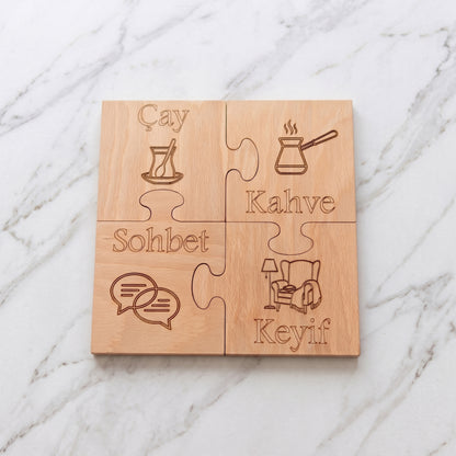 4'lü Puzzle Ahşap Bardak Altlığı Seti