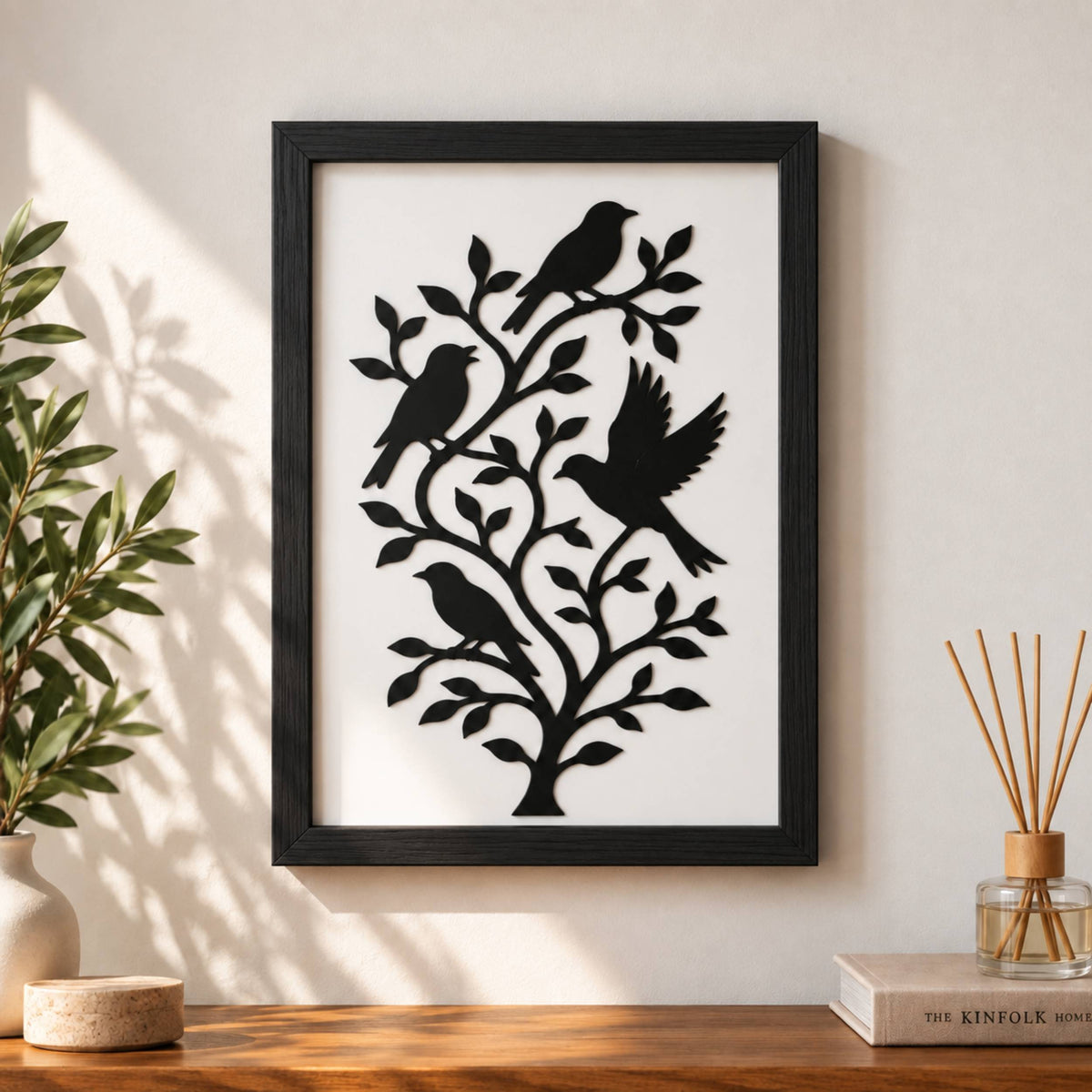 Kuş Motifli Dekoratif Ahşap Çerçeveli Duvar Dekoru