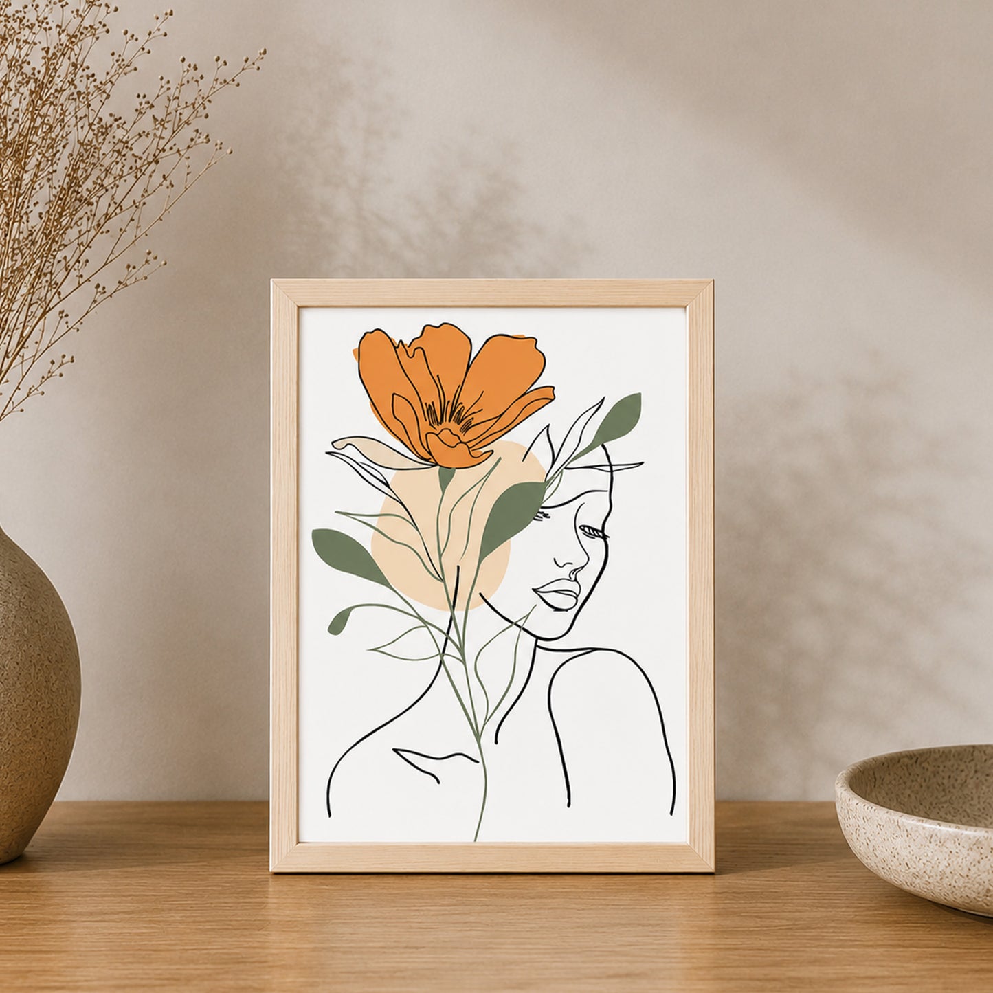 Soyut Çiçekli Kadın Line Art Poster Ahşap Çerçeveli Tablo