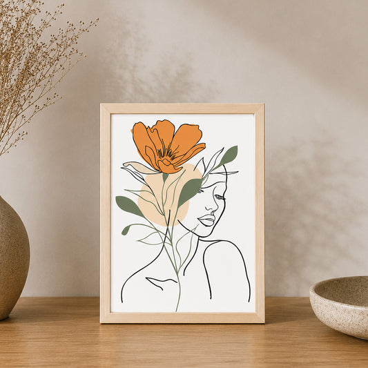 Soyut Çiçekli Kadın Line Art Poster Ahşap Çerçeveli Tablo