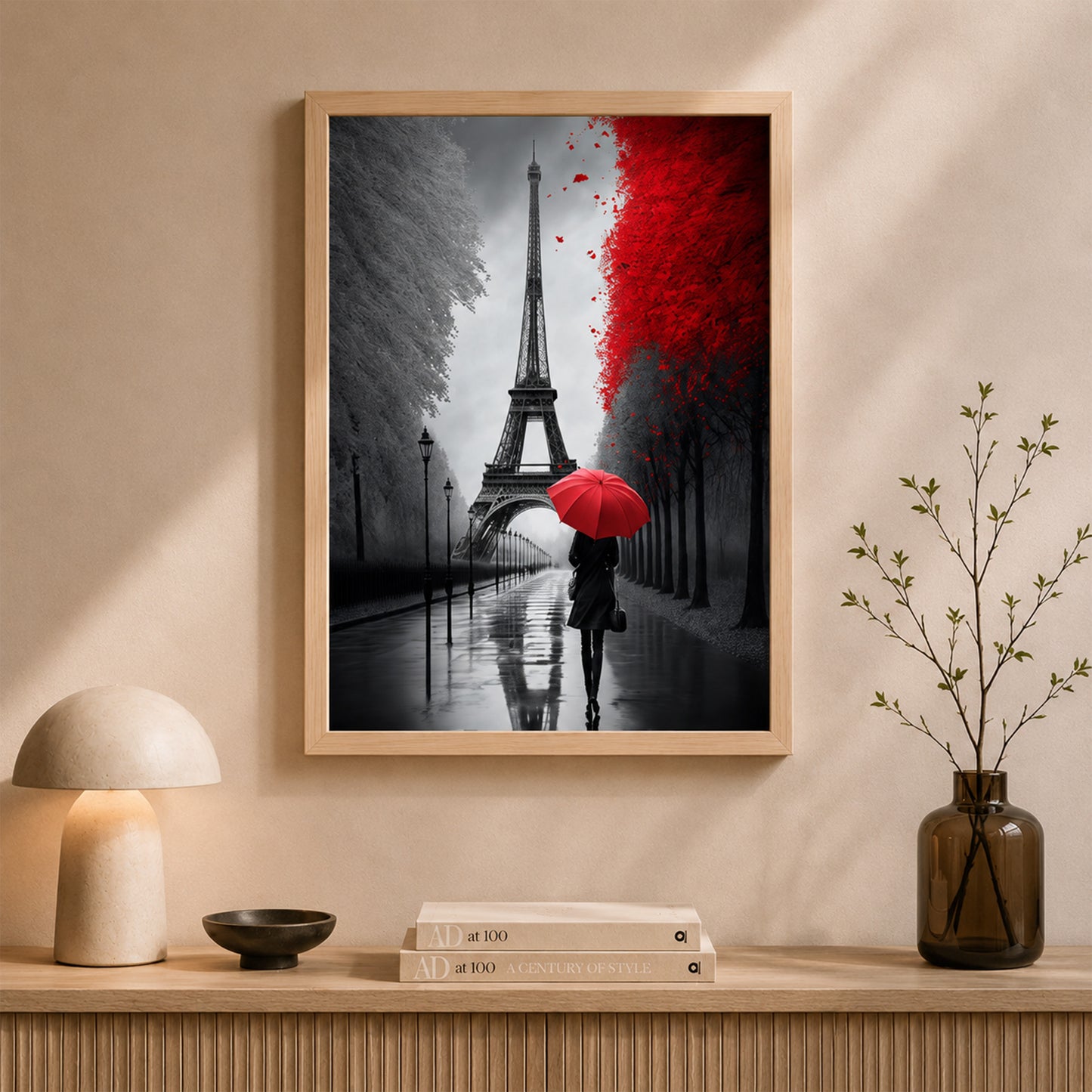 Paris Eyfel Kulesi Kırmızı Şemsiye Duvar Tablosu | Modern Şehir Poster Seti
