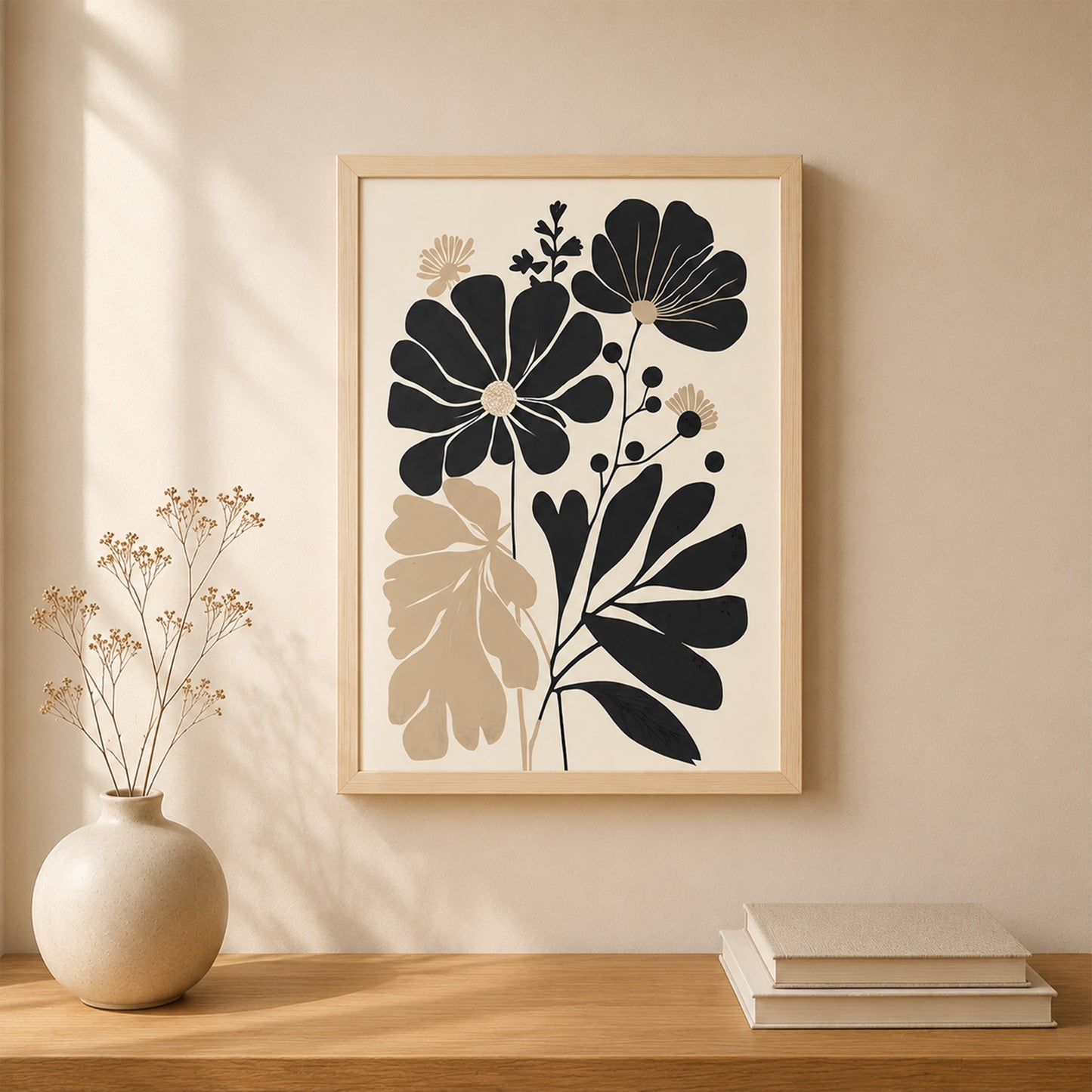 Minimalist Siyah Bej Çiçek Poster Seti Ahşap Çerçeveli Modern Duvar Dekoru