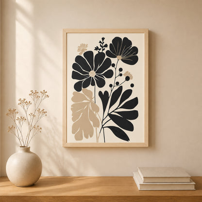 Minimalist Siyah Bej Çiçek Poster Seti Ahşap Çerçeveli Modern Duvar Dekoru