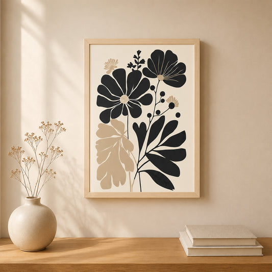 Minimalist Siyah Bej Çiçek Poster Seti Ahşap Çerçeveli Modern Duvar Dekoru