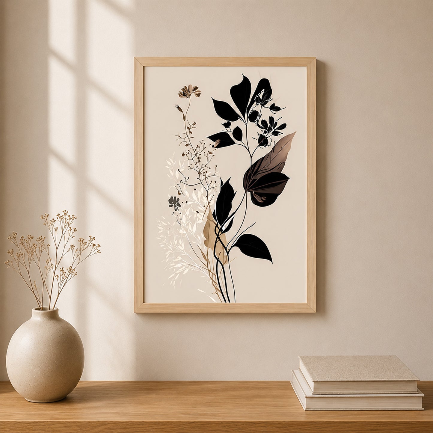 Minimalist Siyah Bej Botanik Poster – Modern Soyut Çiçek Duvar Tablosu