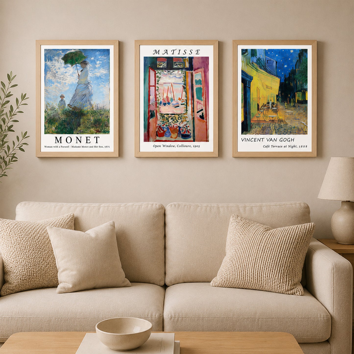 Monet, Matisse ve Van Gogh Temalı 3’lü Ahşap Çerçeveli Tablo Seti