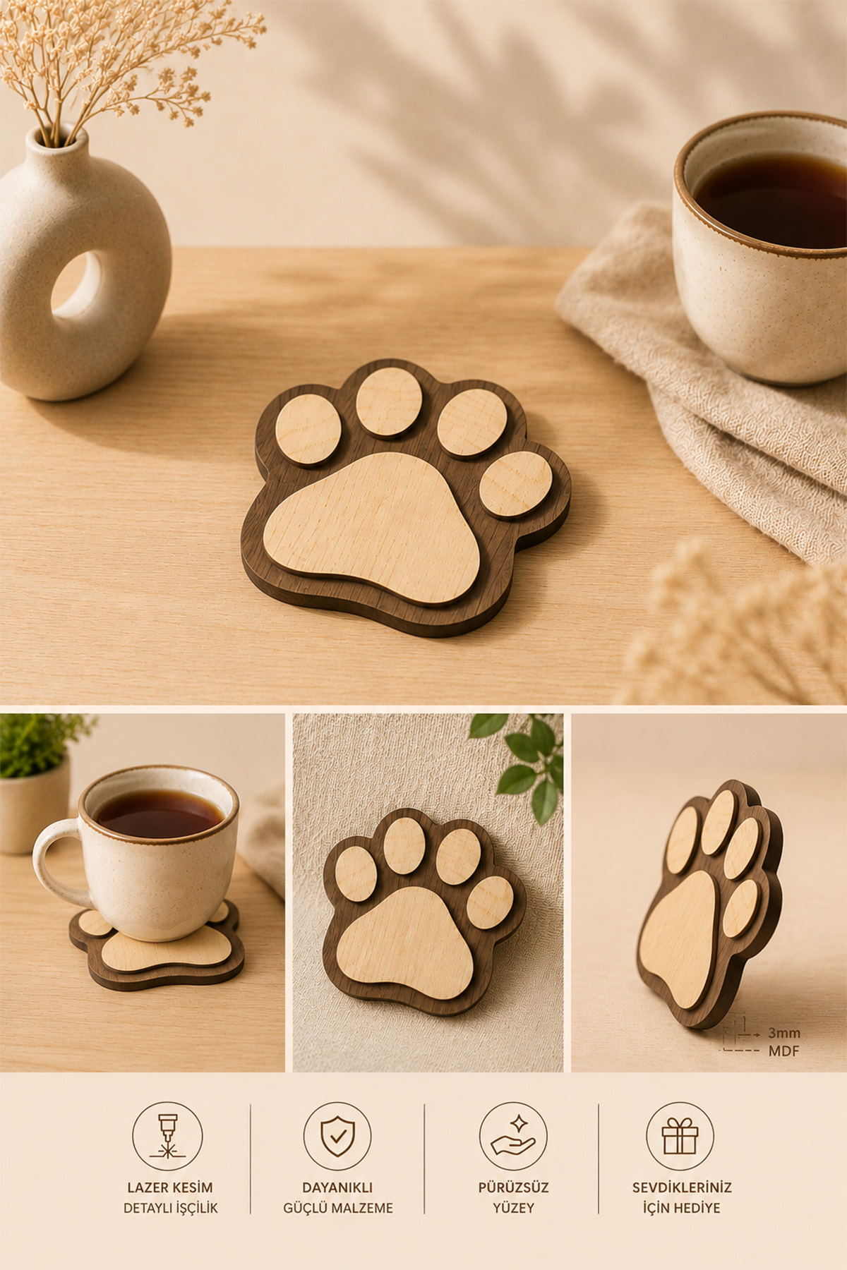 4'lü Kedi Patisi Ahşap Bardak Altlığı Seti