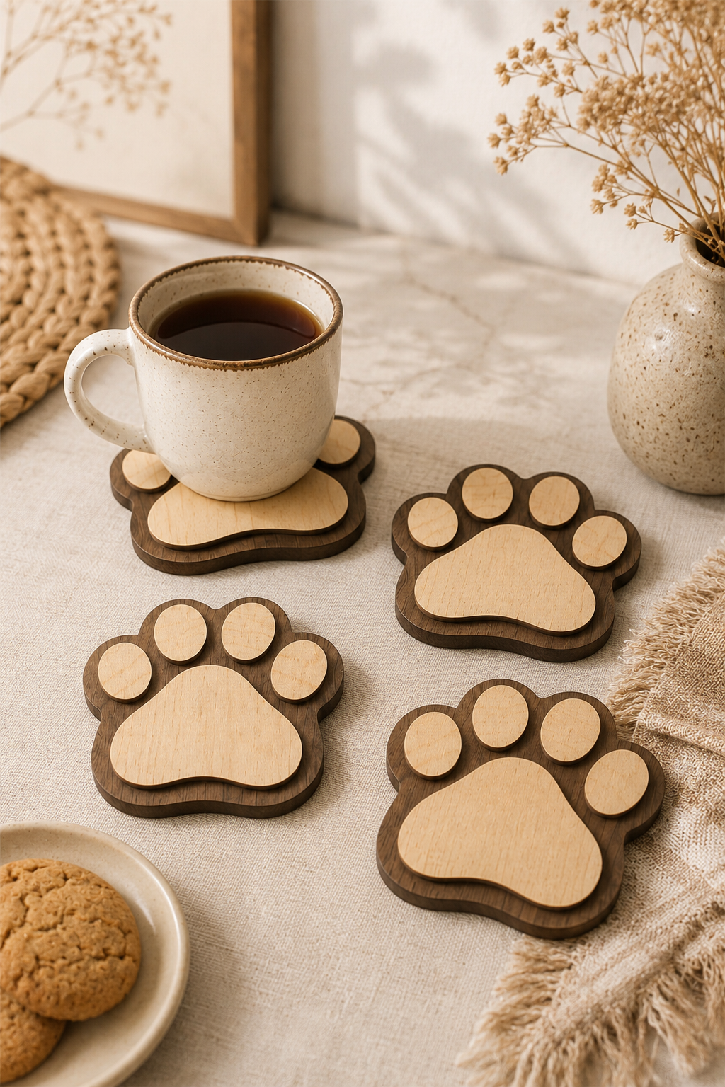 4'lü Kedi Patisi Ahşap Bardak Altlığı Seti