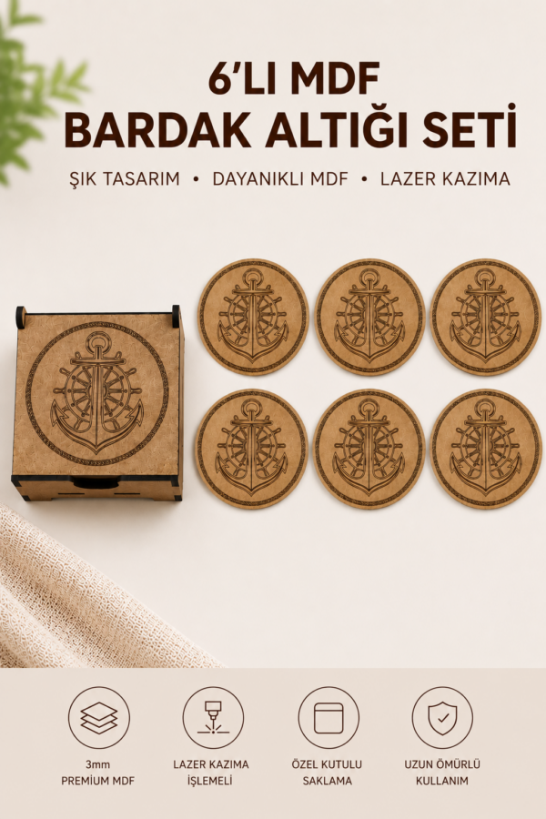 6'lı Çapa Desenli MDF Bardak Altlığı Seti ve Saklama Kutusu