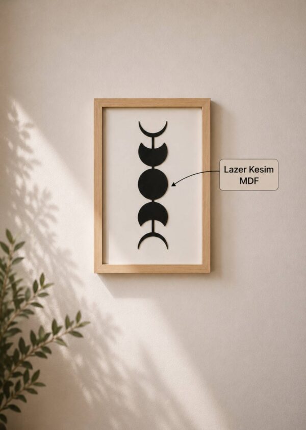 Minimalist Ay Evreleri Lazer Kesim Motifli Ahşap Çerçeve