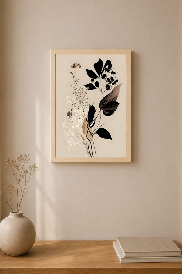 Minimalist Siyah Bej Botanik Poster – Modern Soyut Çiçek Duvar Tablosu
