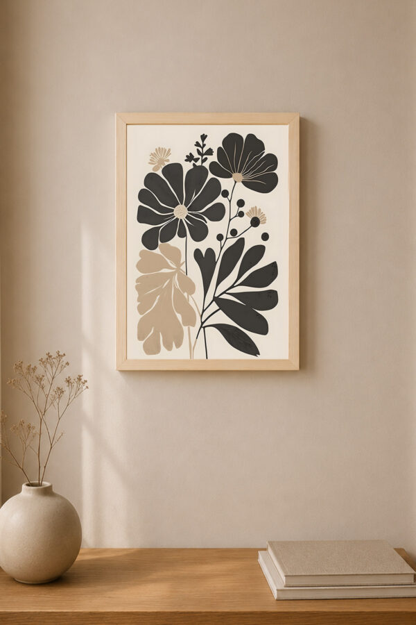 Minimalist Siyah Bej Çiçek Poster Seti Ahşap Çerçeveli Modern Duvar Dekoru