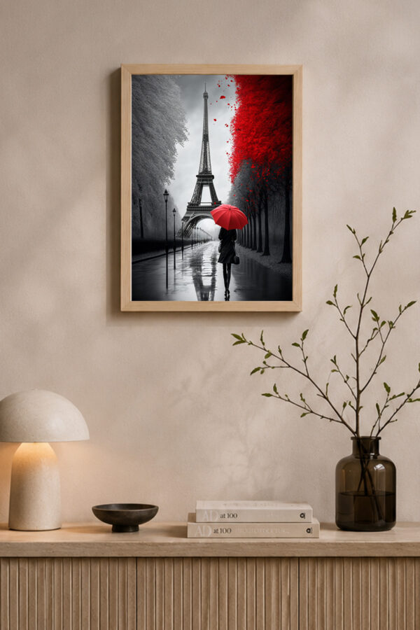Paris Eyfel Kulesi Kırmızı Şemsiye Duvar Tablosu | Modern Şehir Poster Seti