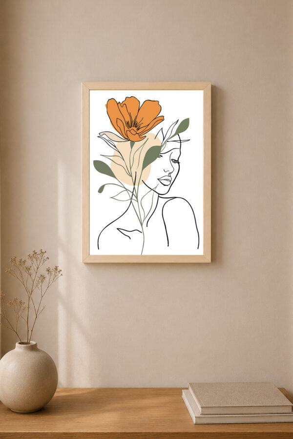 Soyut Çiçekli Kadın Line Art Poster Ahşap Çerçeveli Tablo